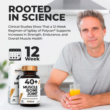 Man sitting at a table with nutritional supplements, highlighting muscle health benefits from a 12-week regimen.
